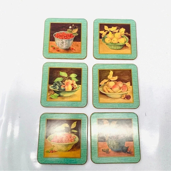 Vintage Fruit Coasters Cork Back  MCM Decoration Entertain Novelty Set of 6 - Picture 1 of 9